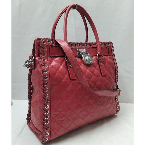 Michael Kors Hippie Grommet Hamilton Red Quilted Leather Large Tote Bag - Picture 2 of 16